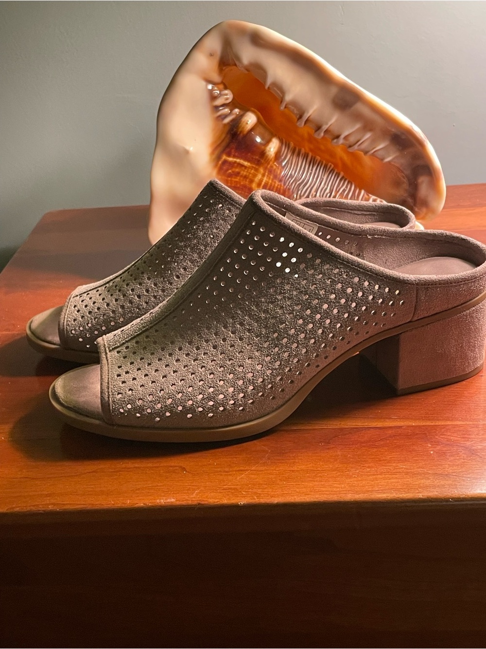 Koolaburra Taupe Suede Perforated Peep-Toe Block Heel Mules